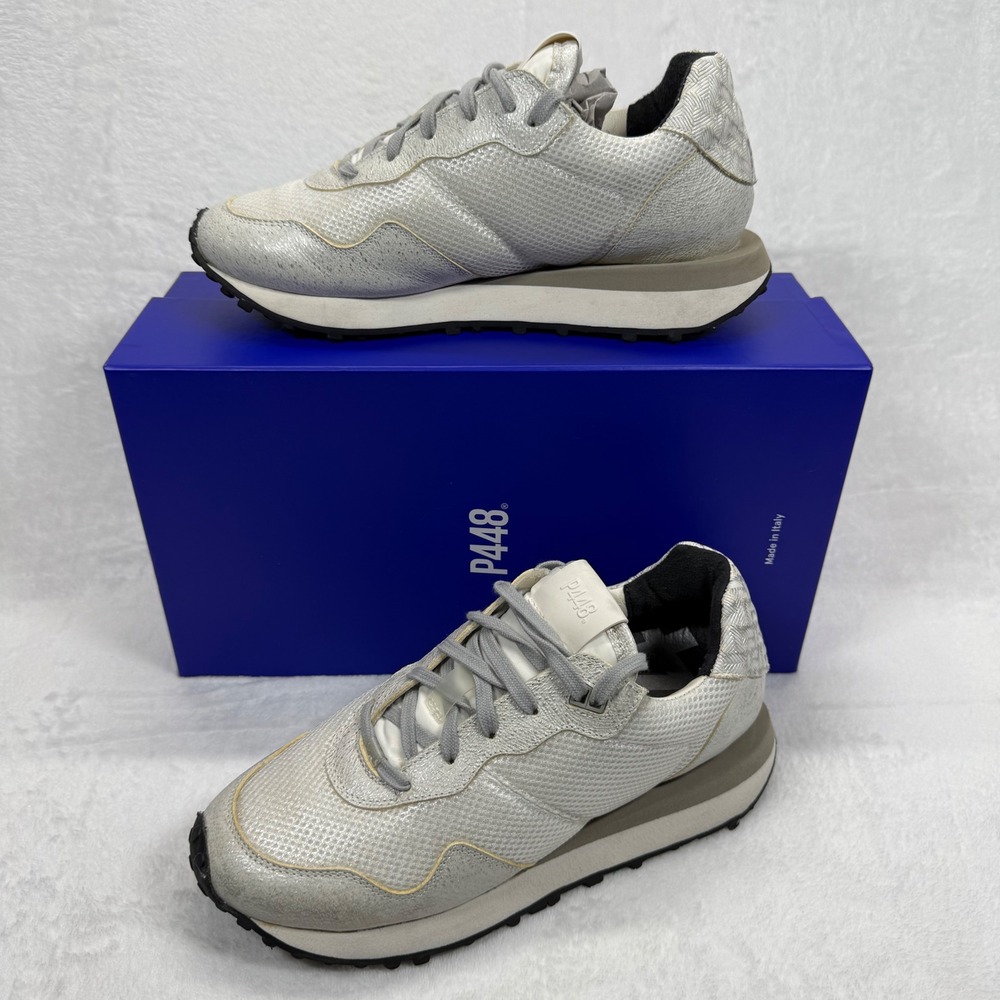 P448 Cancun Sneakers Metallic Silver Leather Low Top Casual Shoes Size 40